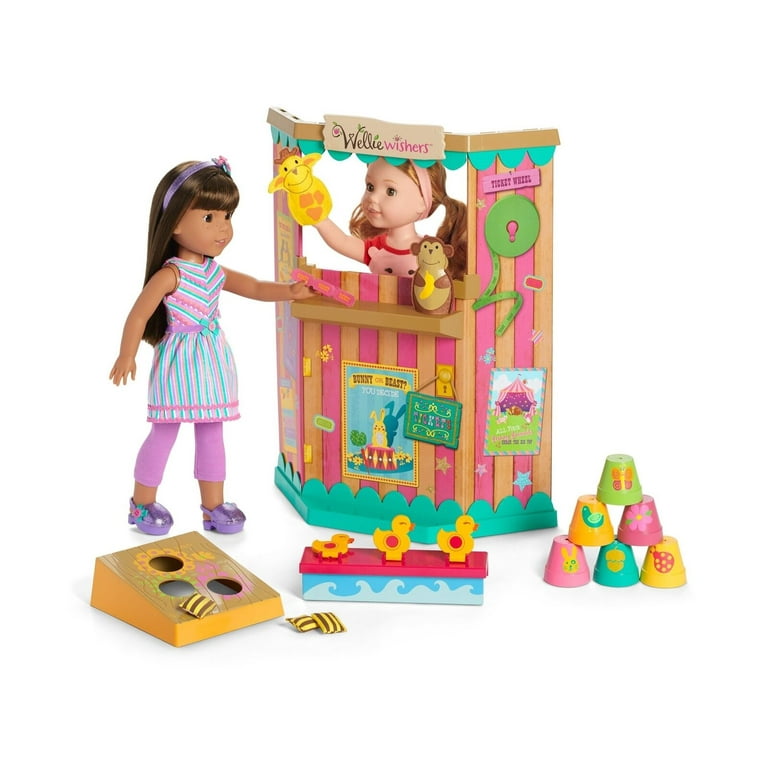 American Girl WellieWishers Carnival Games Set for 14.5 inch Dolls with a Carnival Stand Toss Game Board Six Colorful Flowerpots Duck Targets Two
