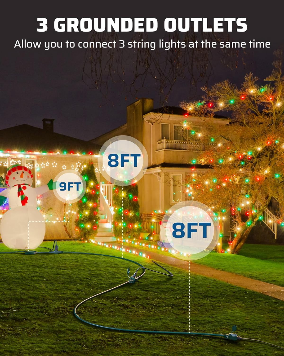 25Ft Christmas Outdoor Extension Cord, Evenly Spaced 3 Outlets Plugs with Safety Cover, 16/3 SJTW Weatherproof Wire for Decorations, String Lights, UL Listed
