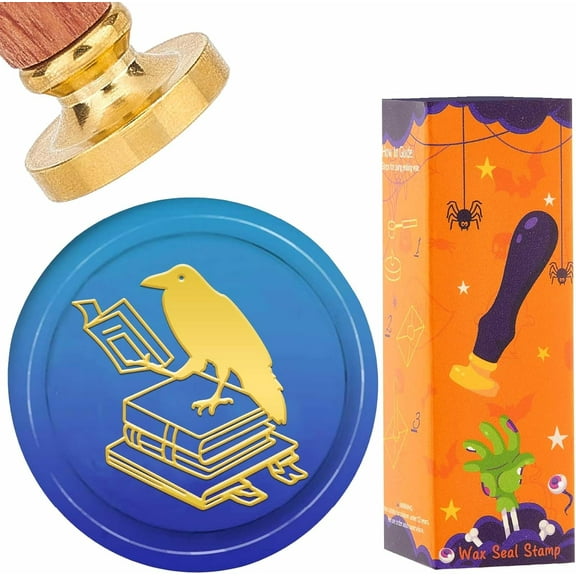 Raven Wax Seal Stamp Book Wax Stamp 25mm Retro Vintage Holiday Bird Replaceable Golden Brass Sealing Heads with Wooden Handle