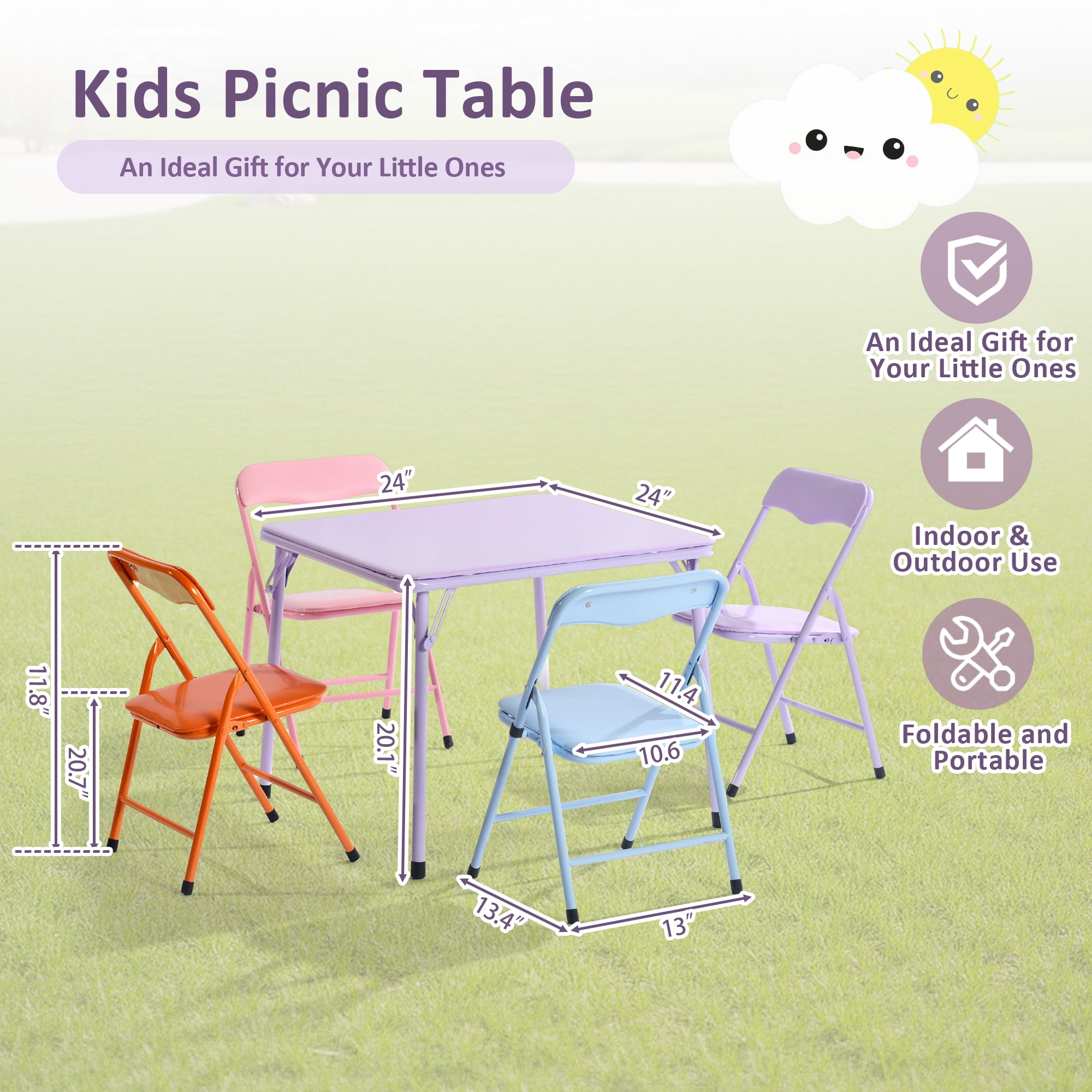 Ensemble de table et de chaises pliantes pour enfants Homy Casa, 5 pièces, bureau et siège compacts en plastique pour salle de jeux et bureau, violet