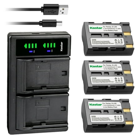 Kastar 3-Pack D-Li50 Battery and LTD2 USB Charger Replacement for Pentax D-Li50 Battery Pentax D-BC50 Charger Pentax K10 K10D K10D GP K10D Grand Prix K20D Camera