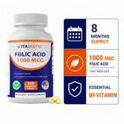 Vitamatic Folic Acid 1000 mcg (1 mg) - 240 Vegetarian Tablets - 1667 mcg DFE - Vitamin B9