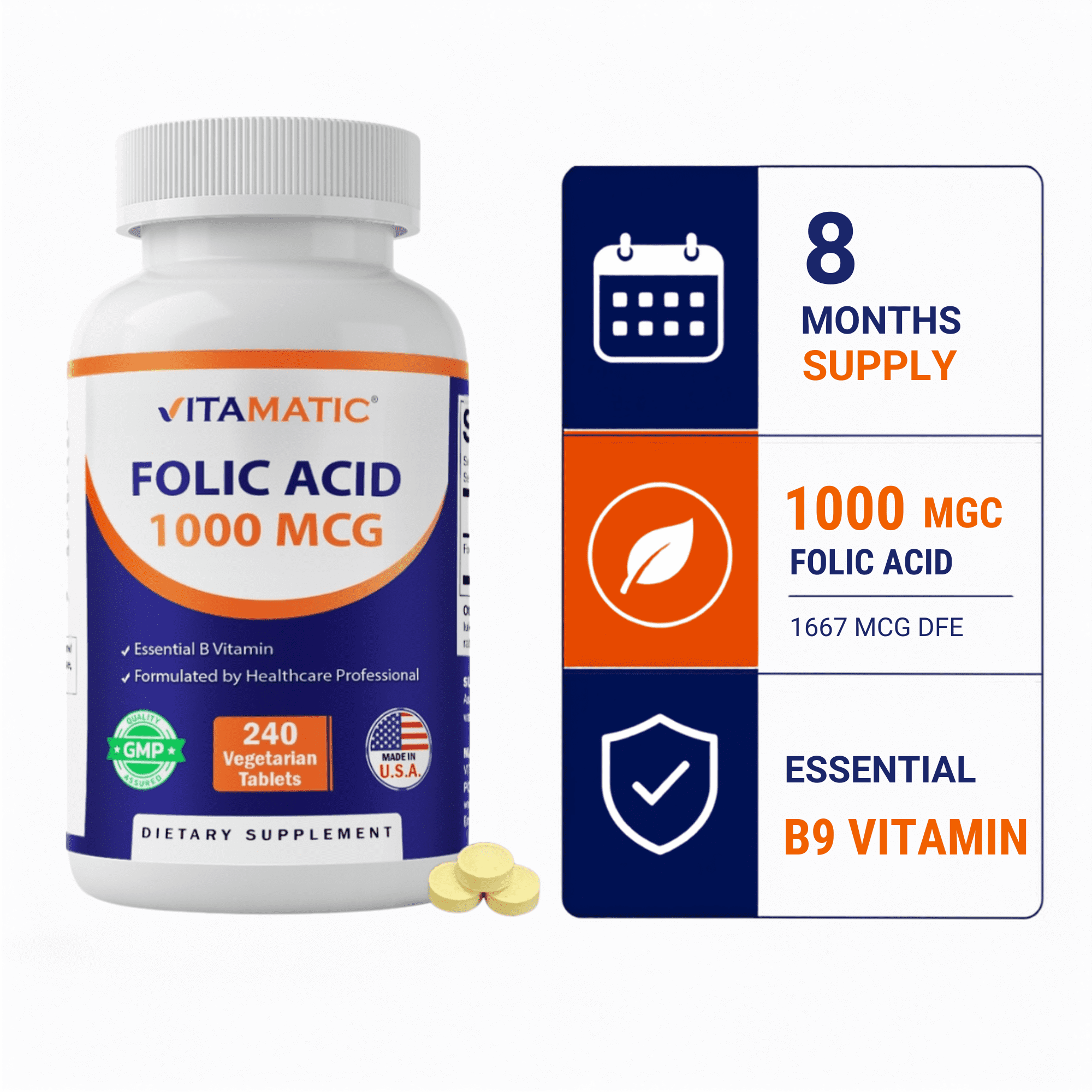 Vitamatic Folic Acid 1000 mcg (1 mg) - 240 Vegetarian Tablets - 1667 mcg DFE - Vitamin B9
