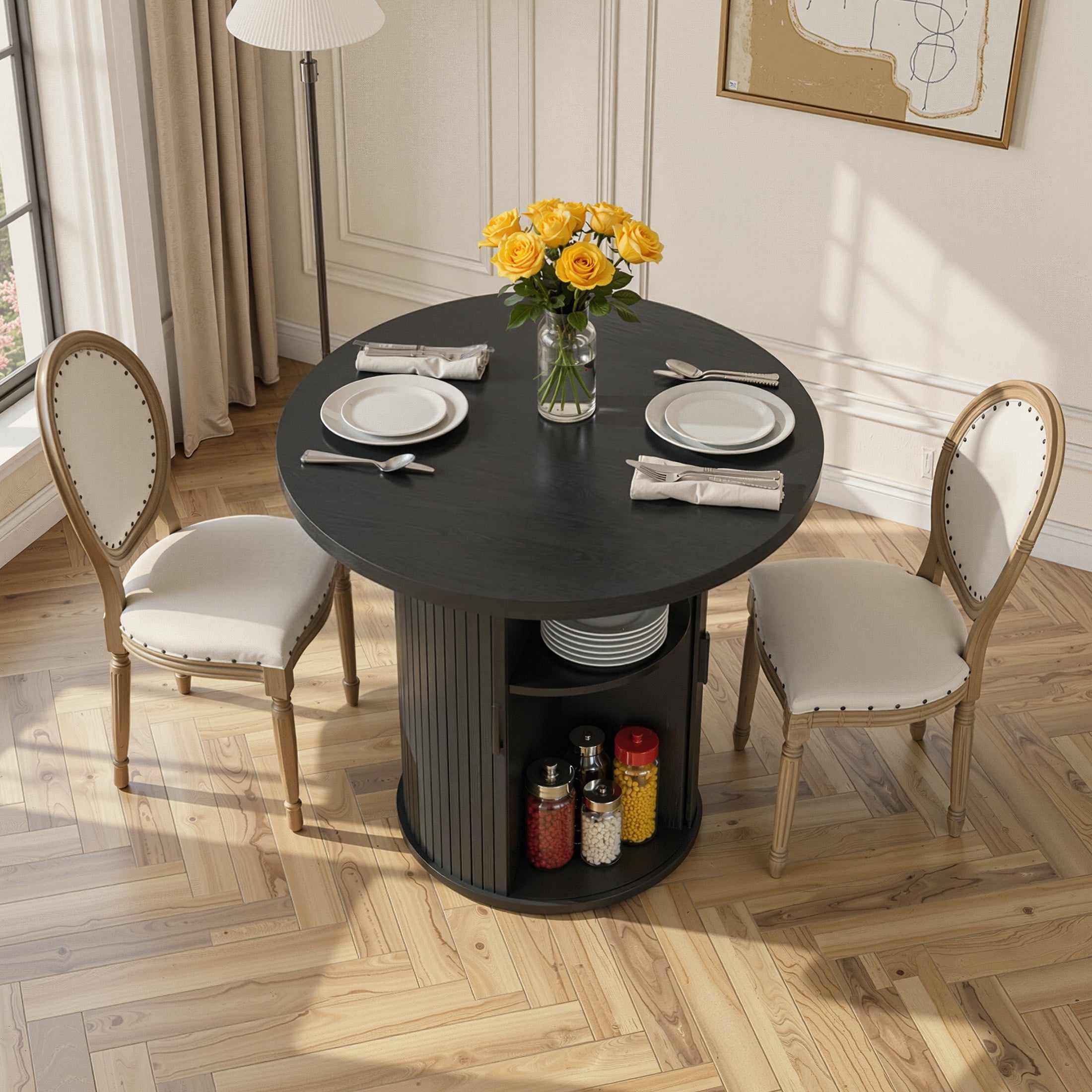 Hawsaiy 31.5" Round Dining Table for 2 with Sliding Door Storage Base, Space-Saving Waterproof Scratch-Resistant Wood Top, Modern Farmhouse Kitchen Table, Black