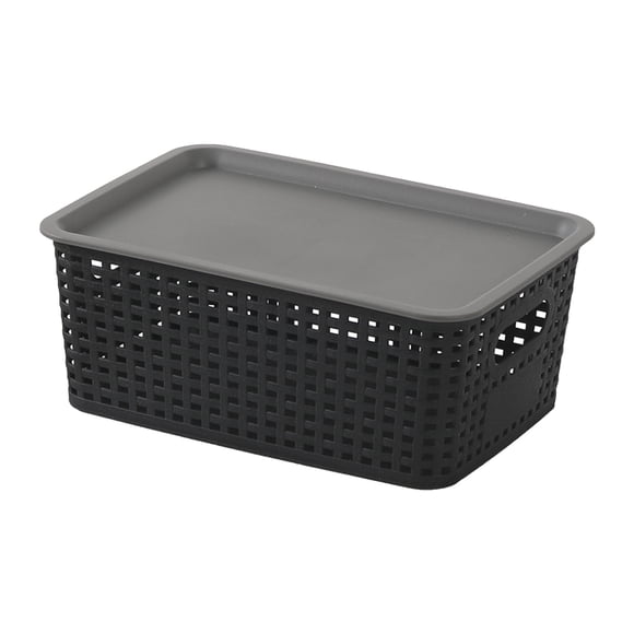 Bwiyojiz Storage & Organization Plastic Hollow Woven Basket with Lid for Toys Books and Sundries Suitable Shelves Drawers Desktops Game Rooms Classroom Offices, Black, Gifts for Sisters