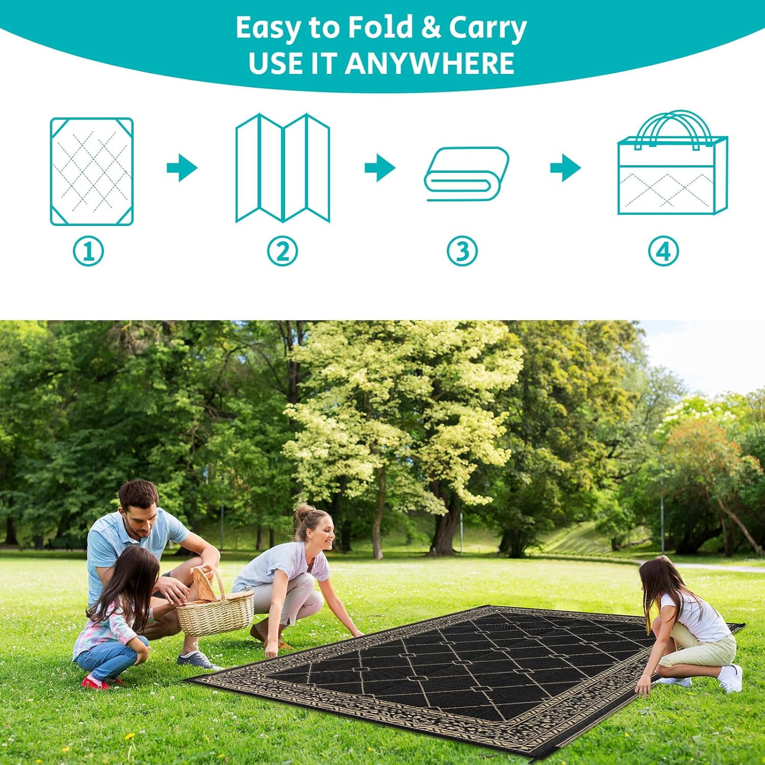 Enyhom Outdoor Rug Waterproof 6'x9', Reversible Plastic Straw Rug RV Camping Rug,Outside Carpet for Porch,Deck,Camper,Balcony,Backyard,Picnic，Black