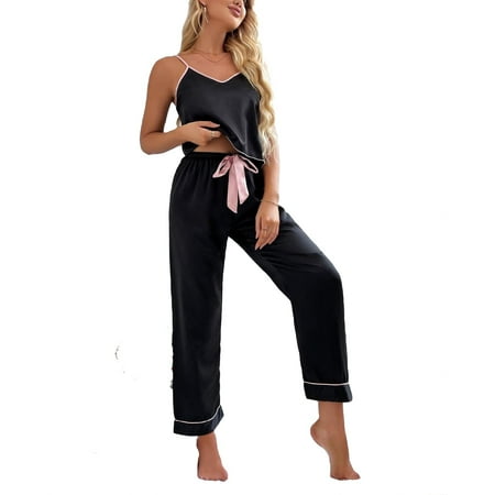 

3pcs Set Elegant Cami PJ Pant Sets Sleeveless Black Women s Pajama Sets (Women s)