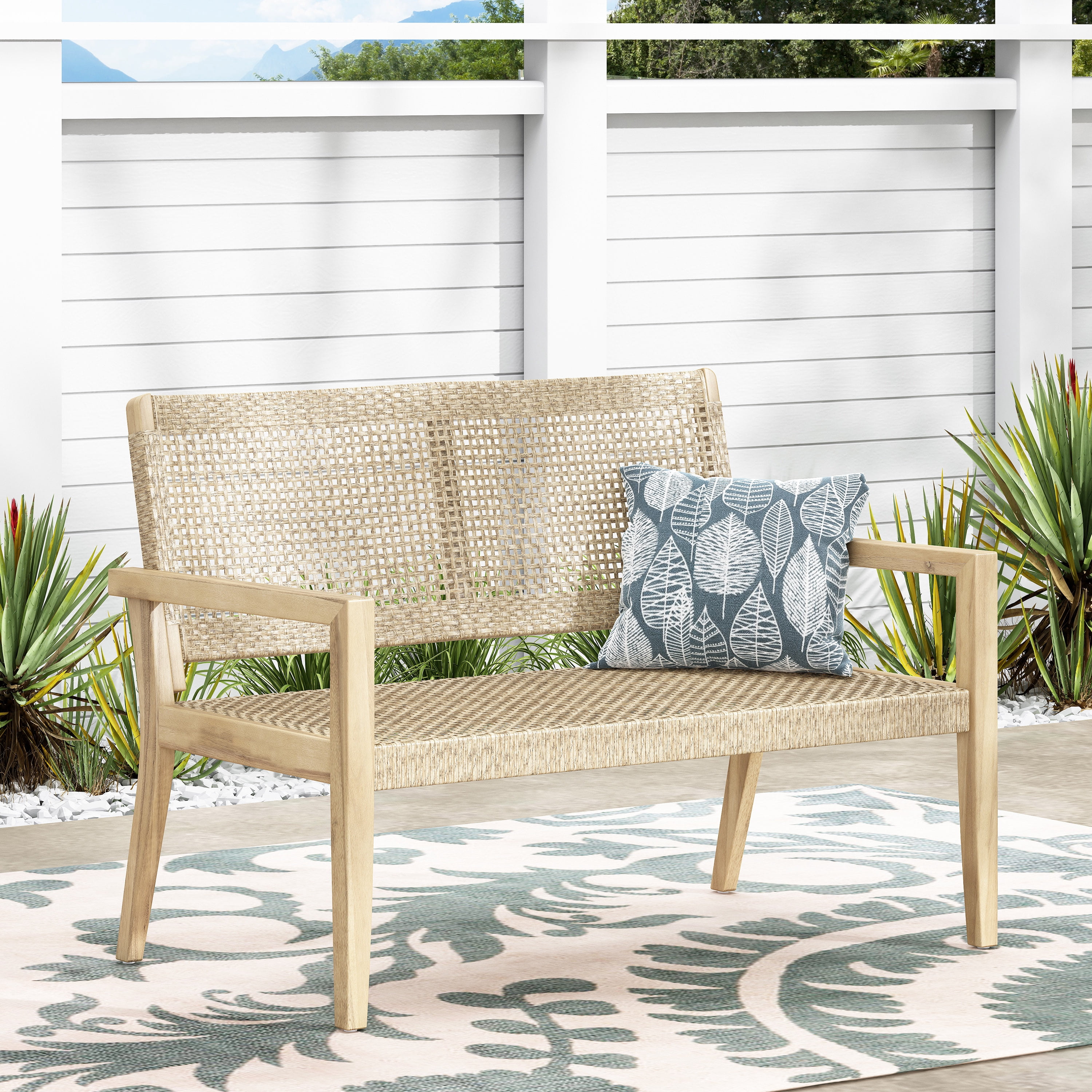 Outdoor Double Seat Sofa, Combined Wicker and Acacia Wood Structure for Patio Garden, Light and Light Brown