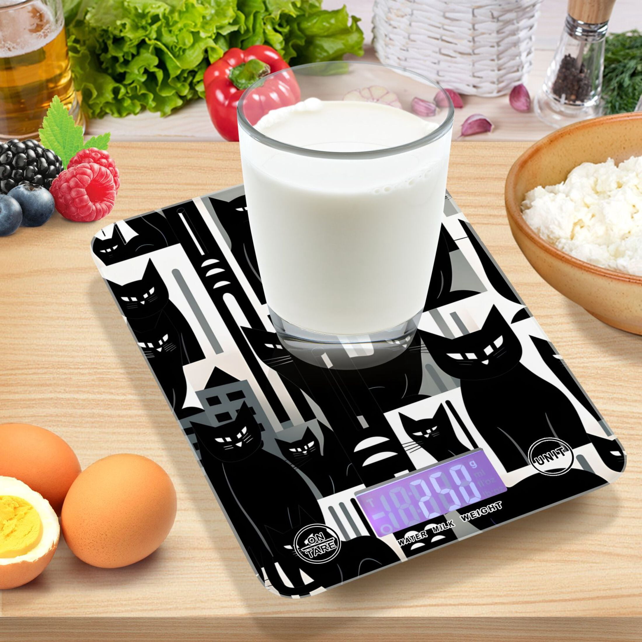 Black Cats Houses Food Scale Digital Kitchen Scale Waterproof Tempered Glass Tare Function 11 lb for Baking Cooking Meal Prep