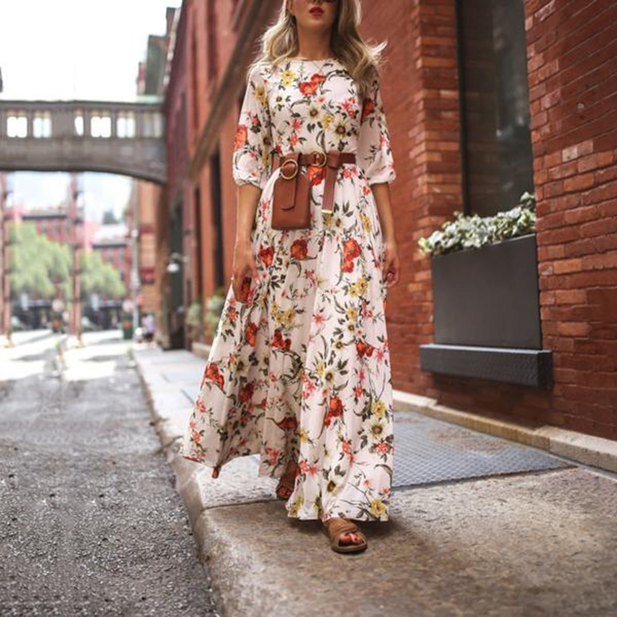 SAYOO Women s Long Sleeve Maxi Dress Loose Swing Floral Casual Boho Beach Dress Walmart