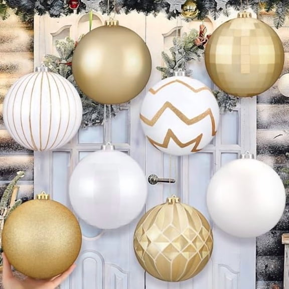 Set of 8 Large Christmas Ball Ornaments 6 Inch White Gold Glitter Hanging Christmas Plastic Balls Indoor and Outdoor Hanging Christmas Tree Decorations for Lawn Yard Garden
