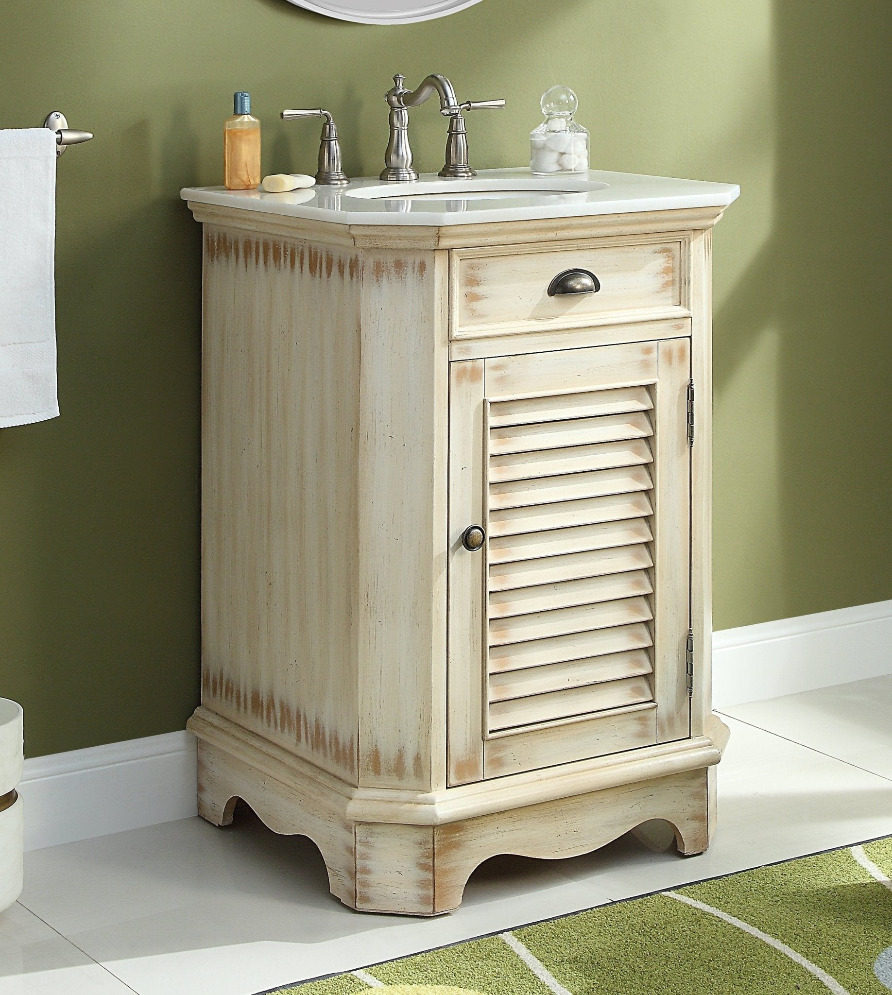 Benton Collection 24" Distressed Beige Farmhouse Bathroom Vanity with White Marble Top