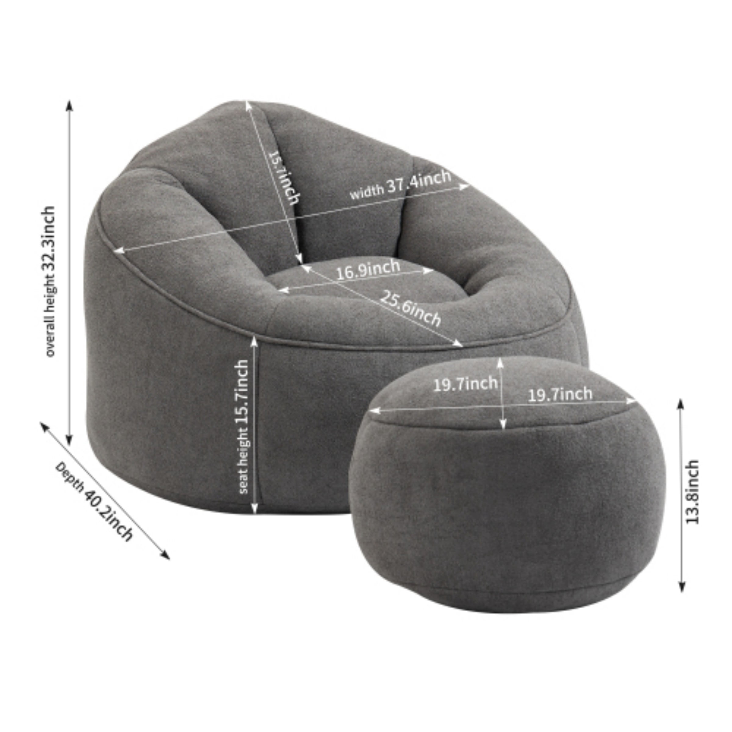 Bean Bag Sofa Chair with Footrest, High Density Foam Bean Bag Chair for Adults, Comfy Lazy Lounge Chair for Bedroom Living Room, Grey