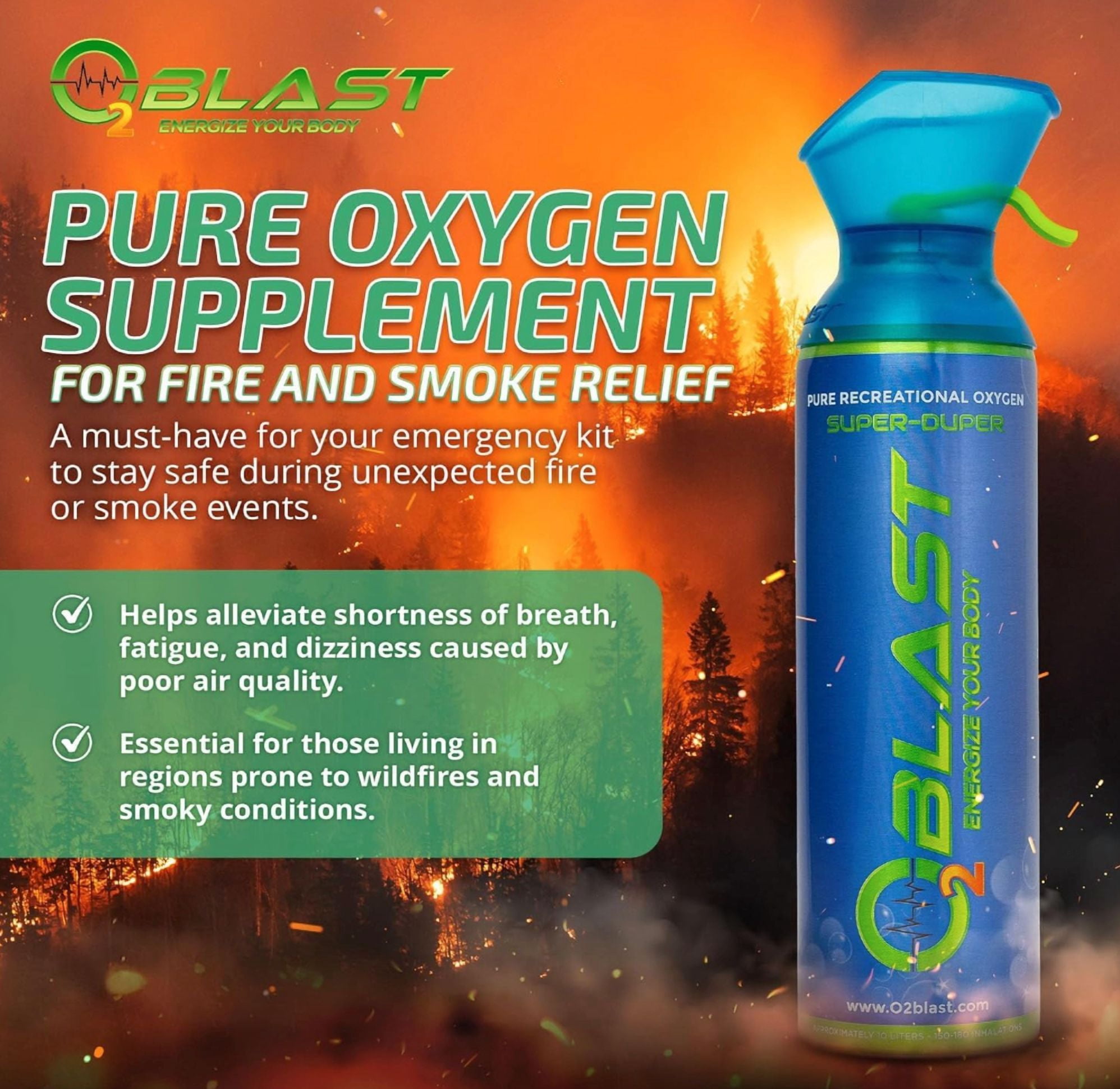 O2 Blast“ Pure Oxygen for Energy, Recovery & Performance - 10-Liter Can with Custom Breathing Mask, Pack of 12