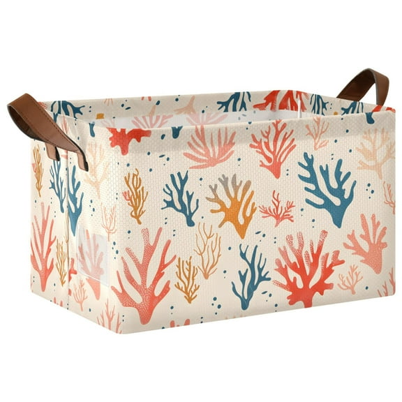 Colorful Sea Corals Collapsible Storage Bins Fabric Shelf Baskets with Handles 16.9"x11.4"x10" Closet Organizer
