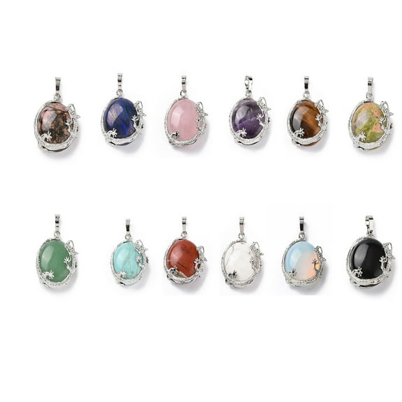 Natural & Mixed Stone Pendant with Brass Finding Half Round with Dragon Platinum 28~33x25~28x15~16mm Hole: 5x8mm