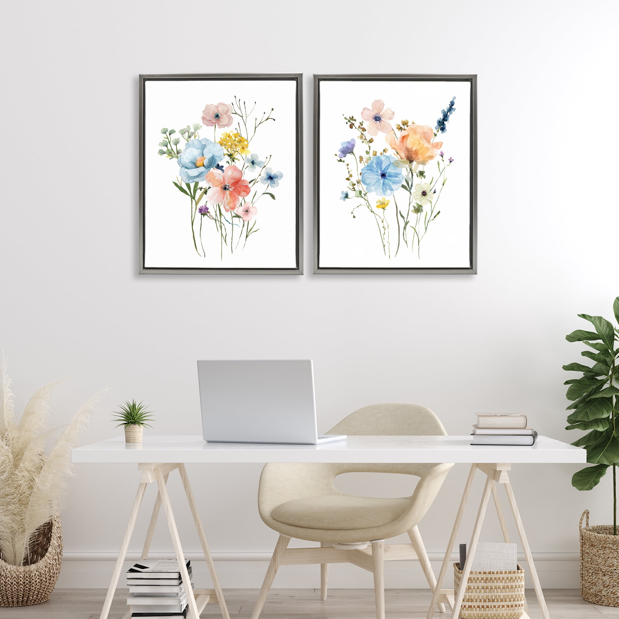 Stupell Industries Wildflower Sprig Bundles 2 Piece Gray Framed Floater Canvas Set, design by Livi Finn