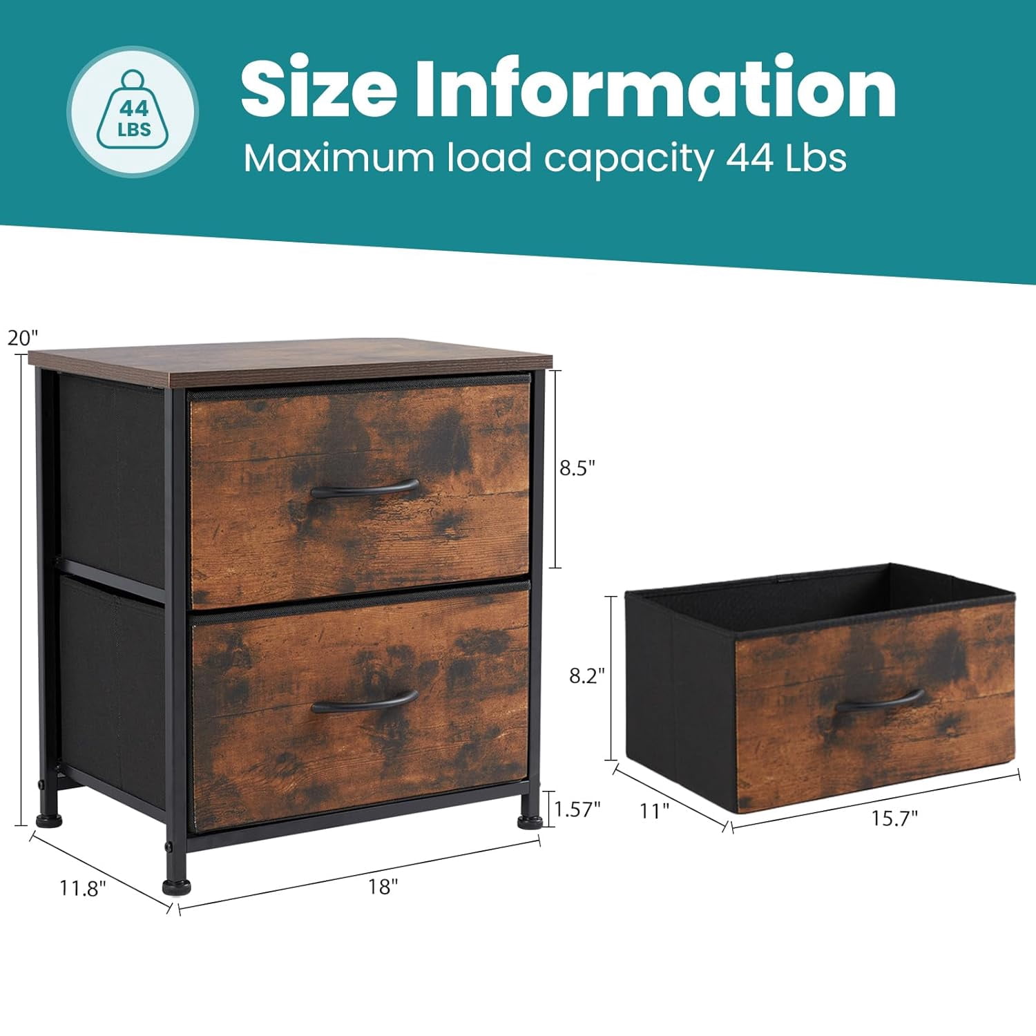 Nightstands Set of 2 with 2 Fabric Drawers, Small Bedside Tables for Bedroom, Closet, Dorm, End Side Table with Storage, Rustic Brown