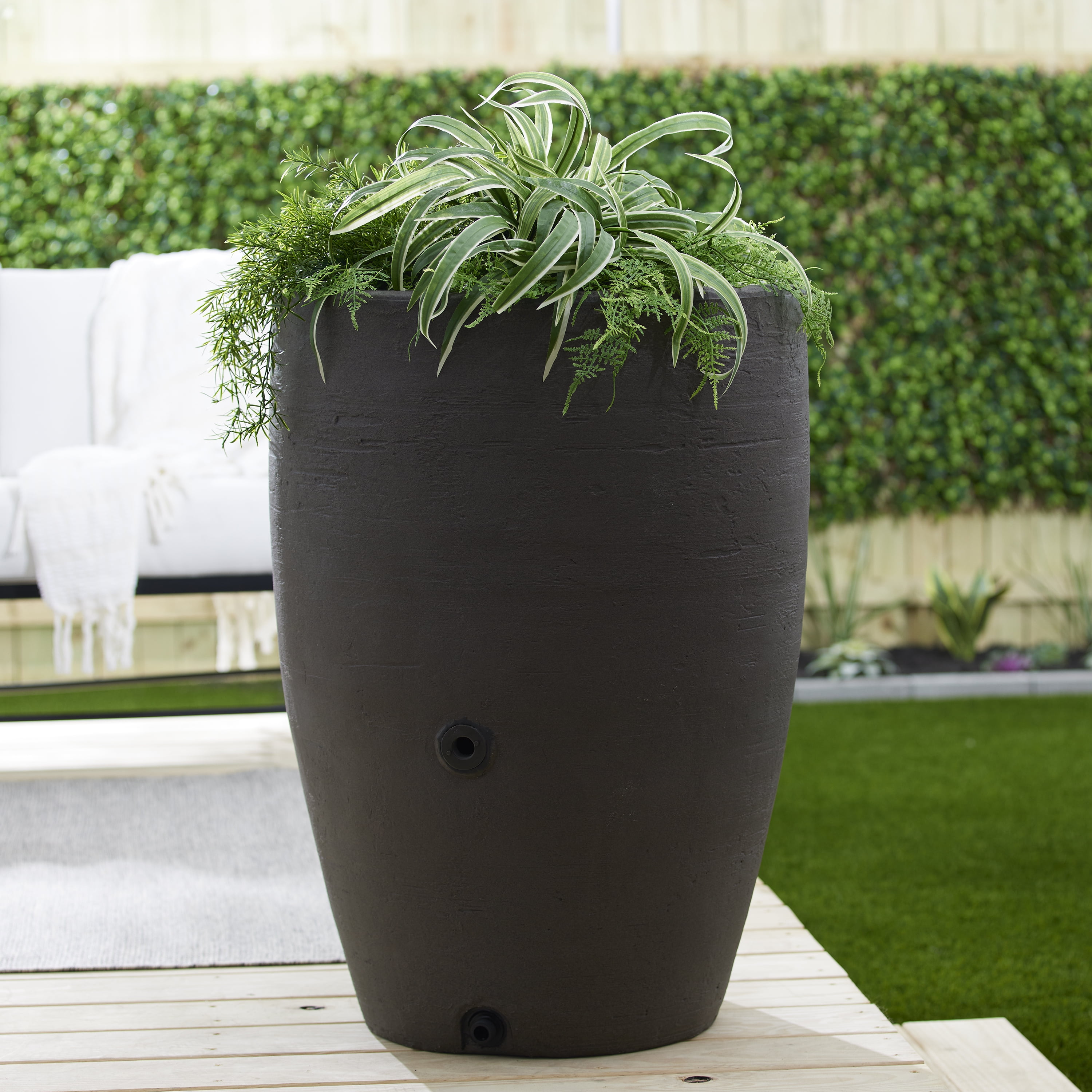 Algreen Plastic Rain Barrel, 50 Gal Rainwater Collection Tank w/Spigot, Athena, Brownstone