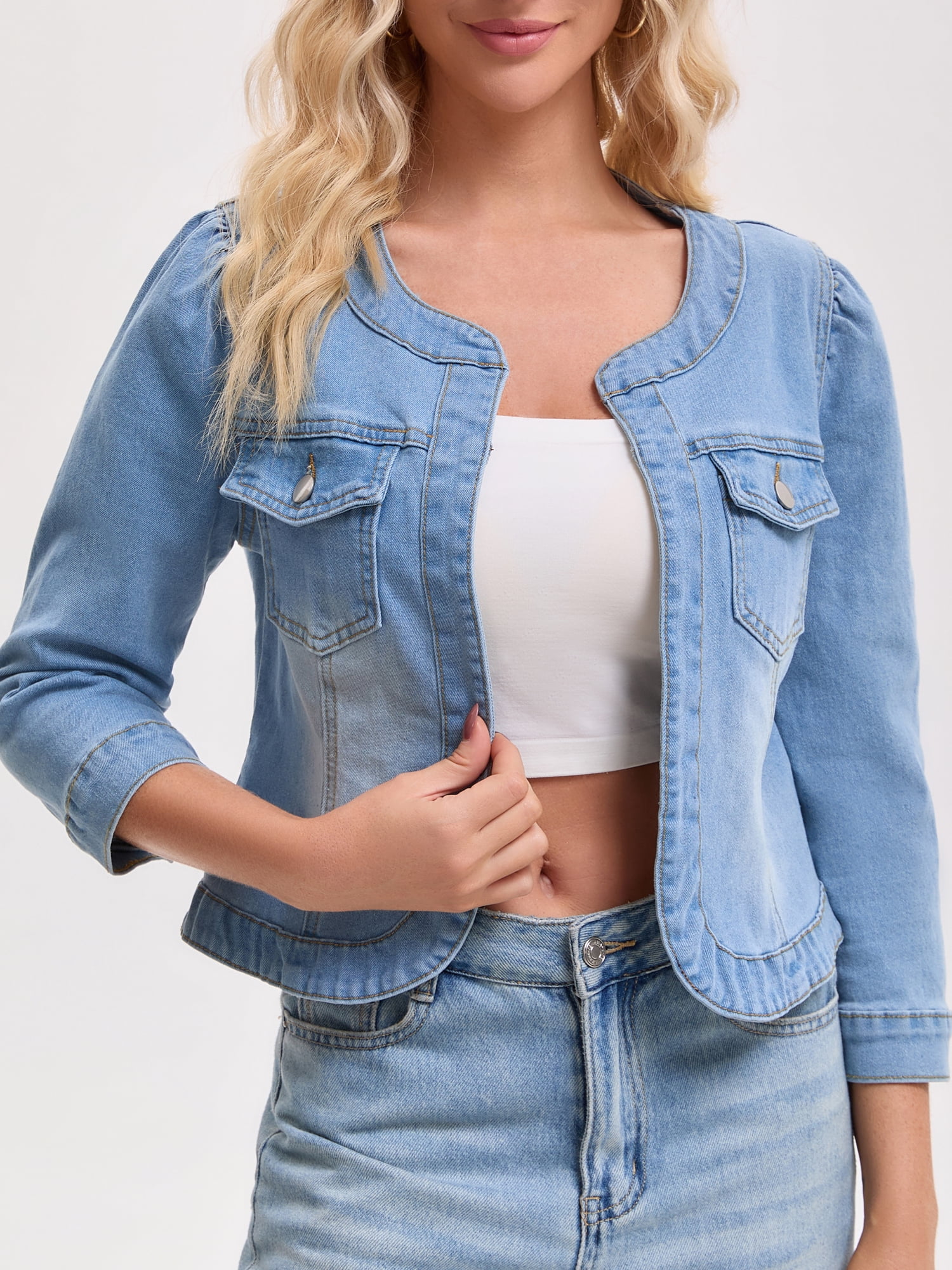 DARING DIVA Women's Collarless Cardigan 3/4 Sleeve Jean Jacket 2XL Light Blue