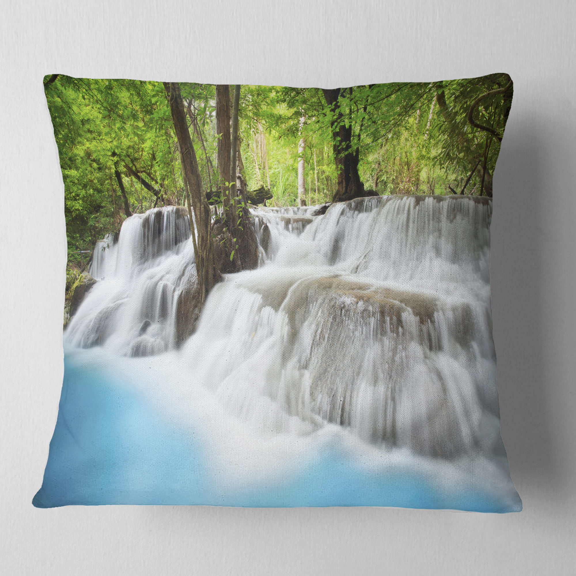 Designart Level Five of Erawan Waterfall - Landscape Printed Throw Pillow -  18x18 