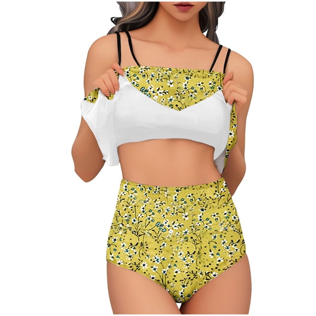 Trajes de Baño de Bikini de Mujer Conjunto de Cintura Alta de Vendaje de Impresión Sexy con Almohadillas de Pecho, Conjunto de Bikini de Mujer Conservador Y sin Mangas