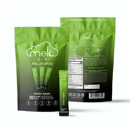 MELO SIP Melatonin (Sleep Powder), Green Apple, Melatonin Electrolyte Powder with GABA, L-Theanine, Valerian Root, Zinc, and Chamomile, 20 Sleep Packs.