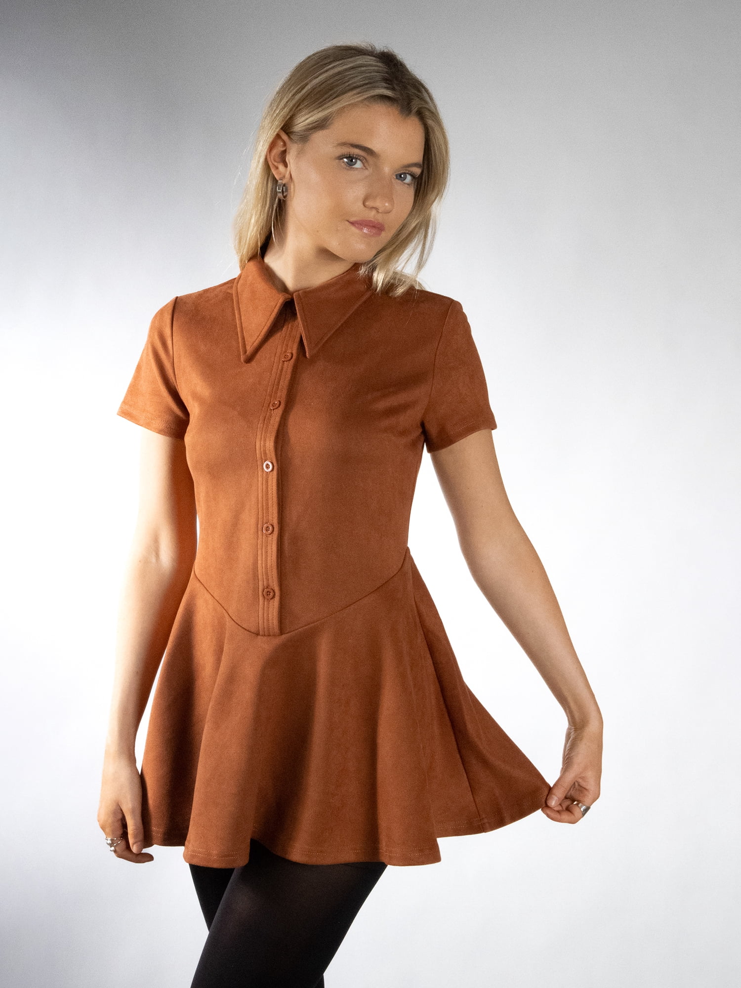DARING DIVA Women's Stylish Pointed Collar Short Sleeve Button Down Dress S Burnt Orange