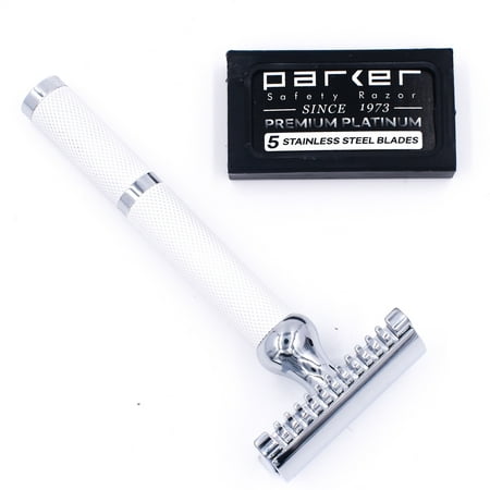 Parker's 70C Double Edge Safety Razor (White), Open Comb Design for a Smooth and Comfortable Shave, 5 Parker Platinum Double Edge Blades Included, Great for Both Men and Women, New for