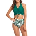 thumbnail image 2 of Liacowi Daughter  Mother Family Matching Swimwear, Solid Color Sleeveless Drawstring V-Neck Tops + Leaves Print Panties Bikini Set, 2 of 9