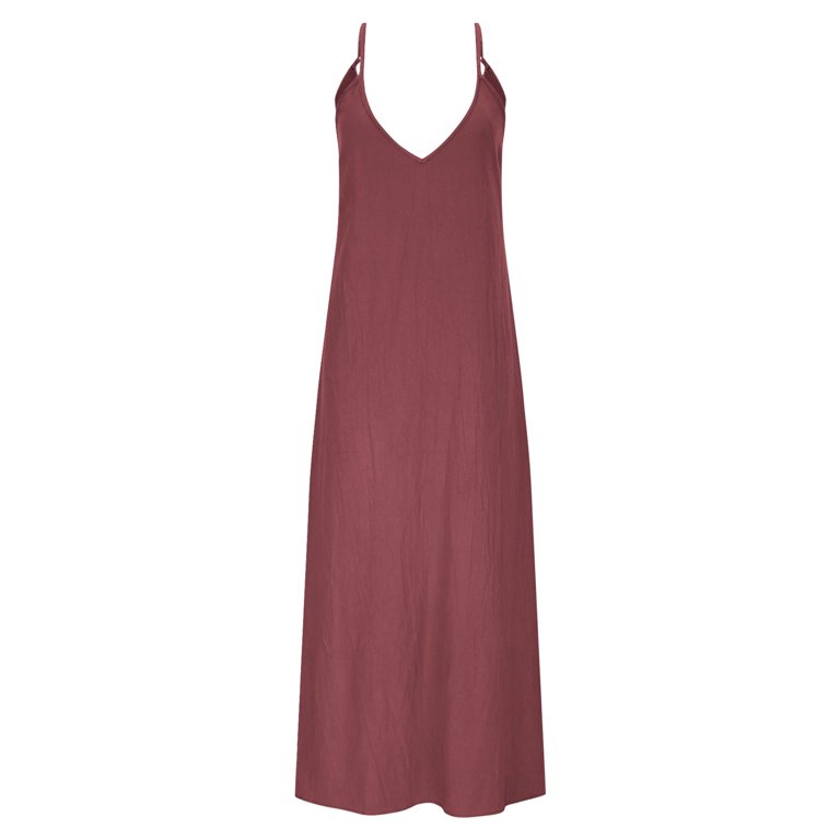 Ecqkame Women's Summer Cotton Linen Dress Casual Sexy Sleeveless V Neck  Slip&nbsp;Dress Adjustable Spaghetti Strap Solid Color Long Dress 01-Wine  XXL - Walmart.com