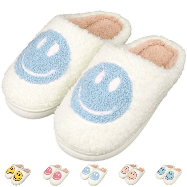 Zapatillas ZICKYO Kids Happy Face de felpa cálidas y antideslizantes en blanco y azul