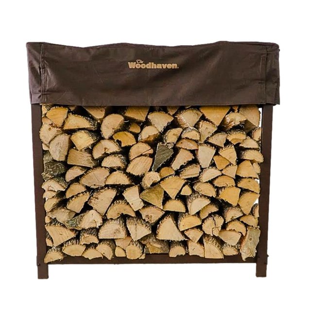 Woodhaven Marron 5 Pieds 1/4 Cordon Plus - Support de Rangement pour Bois de Chauffage Intérieur Extérieur Robuste et Housse d'Assaisonnement Optionnelle - Support de Bois de Chauffage en Métal - Fabriqué aux États-Unis (Housse)