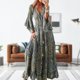 thumbnail image 4 of Vestido De Mujer Bohemio vestido largo botón dama Maxi vestido estampado manga acampanada traje de playa Cgtredaw Verde M para Mujer, 4 of 6