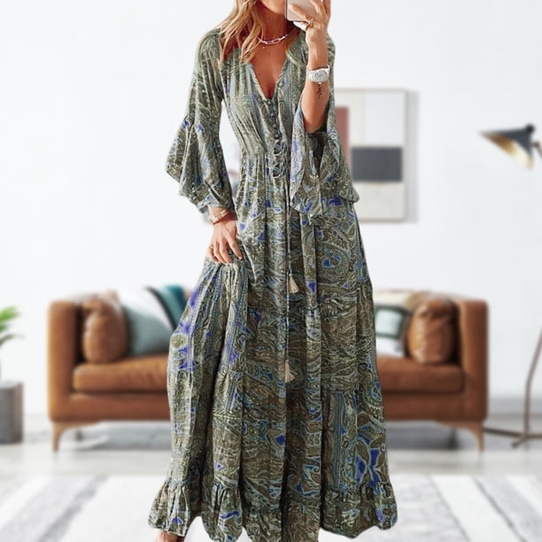 Vestido De Mujer Bohemio vestido largo botón dama Maxi vestido estampado manga acampanada traje de playa Cgtredaw Verde S para Mujer