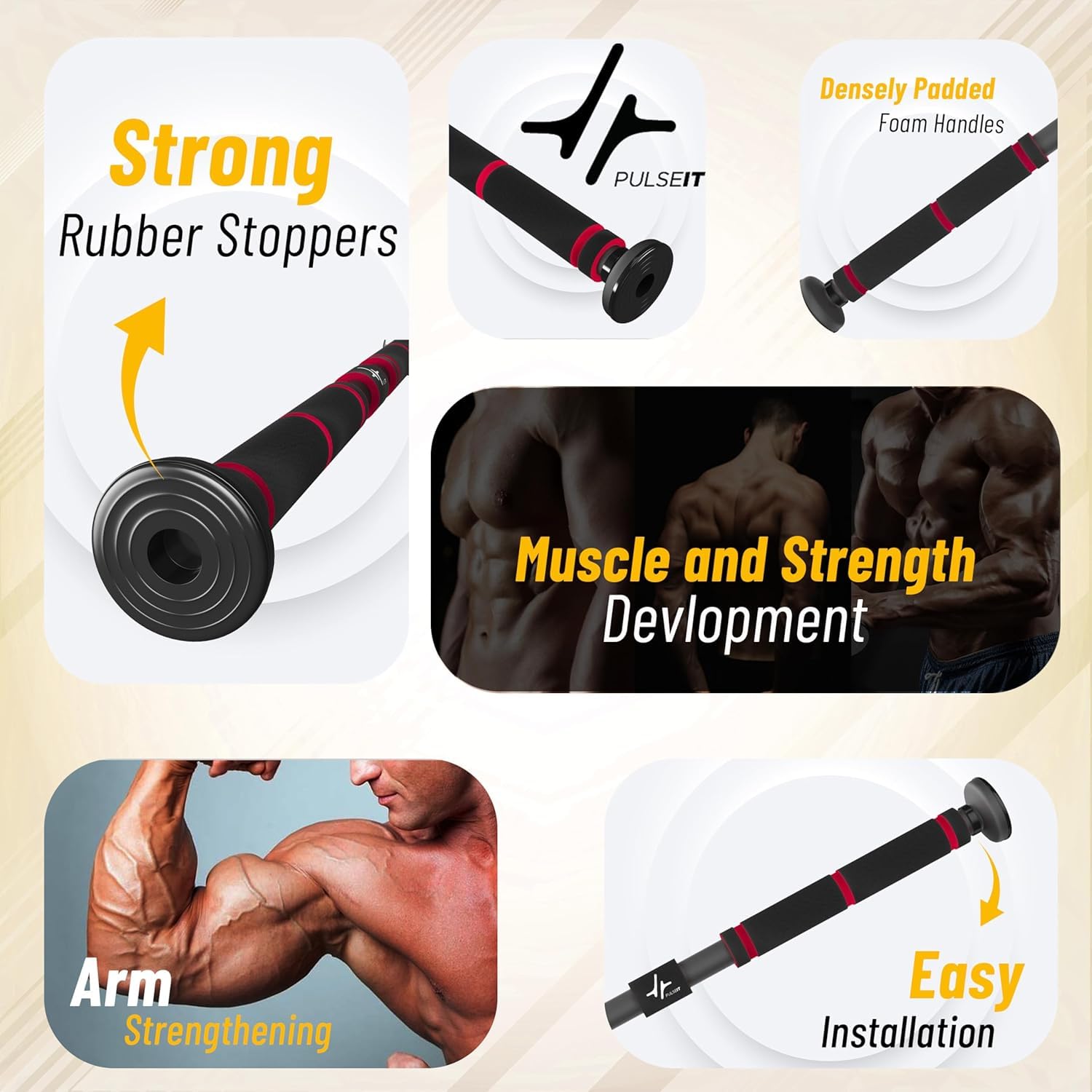 PulseBar Adjustable Doorway Pull-Up Bar for Home Workout, 100kg Max Load, Anti-Skid Grip Chin-Up Bar, Strength Training Exercise Bar, Black