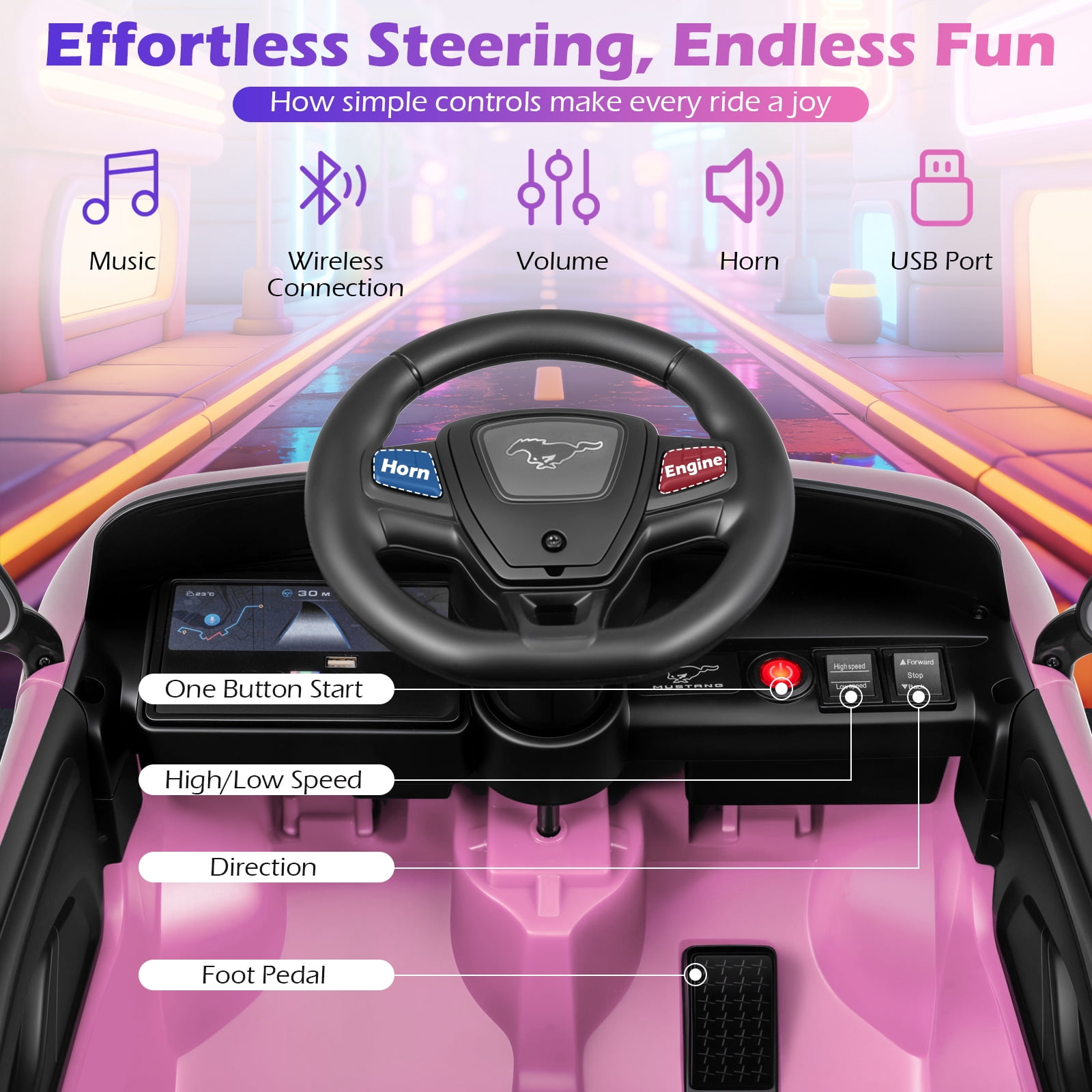 Gymax Licensed Ford Mach E Electric Vehicle w/Parent Control LED Lights Horn Music Pink