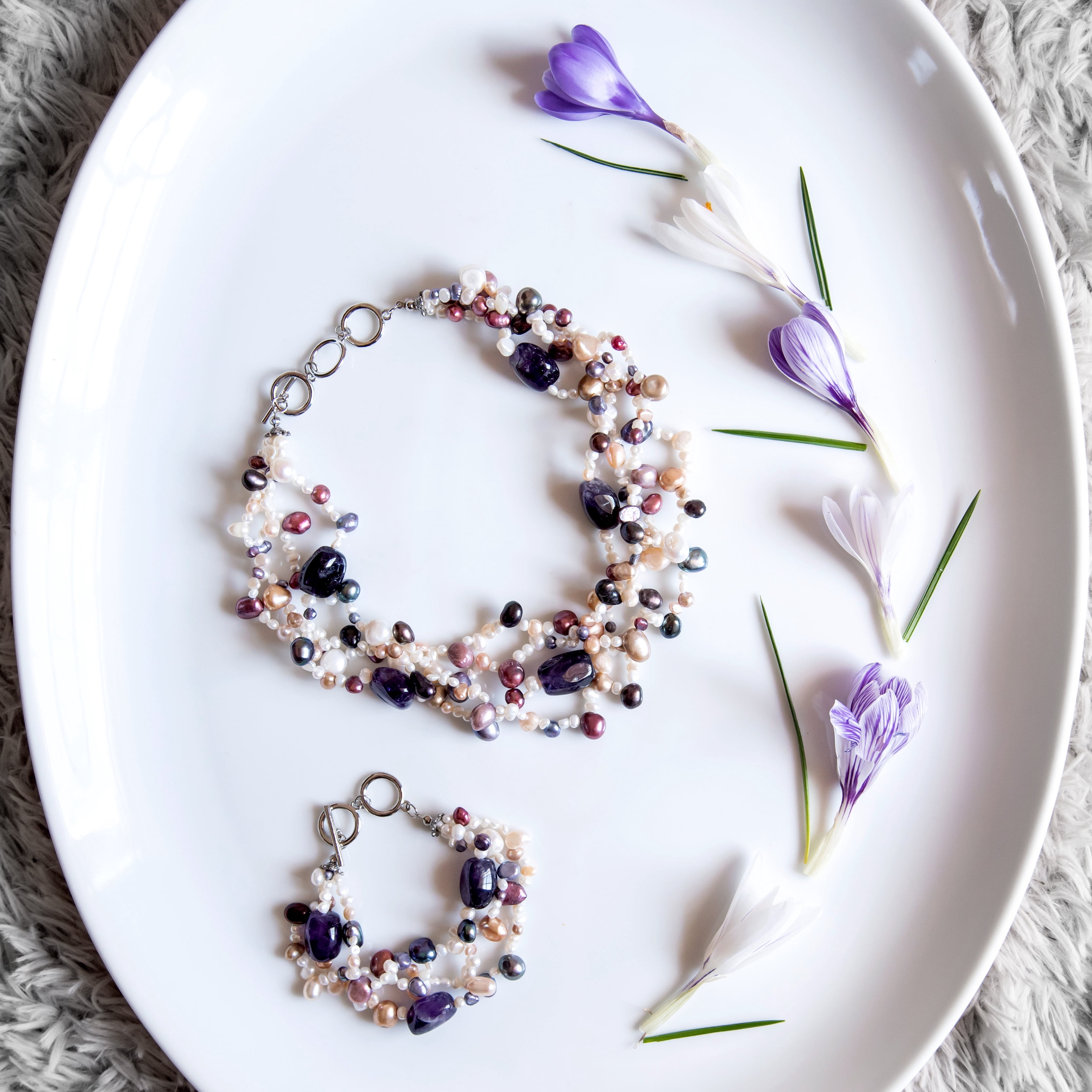 Elegant Multi-Strand Amethyst and Freshwater Pearl Torsade Statement Necklace with Toggle Clasp, 17 Inches Jewelry Necklace