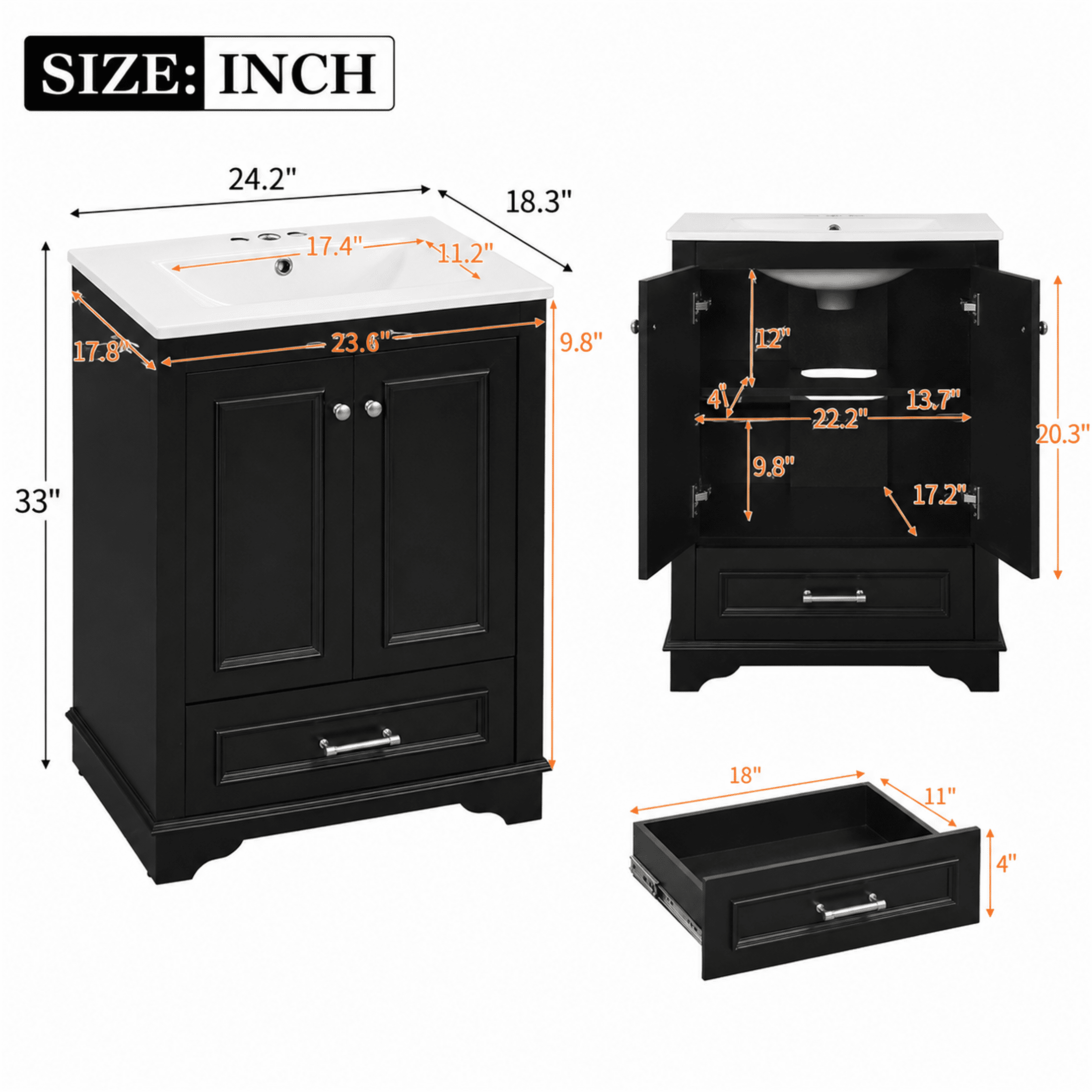 Homy Casa 24" Bathroom Vanity with Sink, Freestanding Soft-Close Cabinet for Small Bathrooms, Black