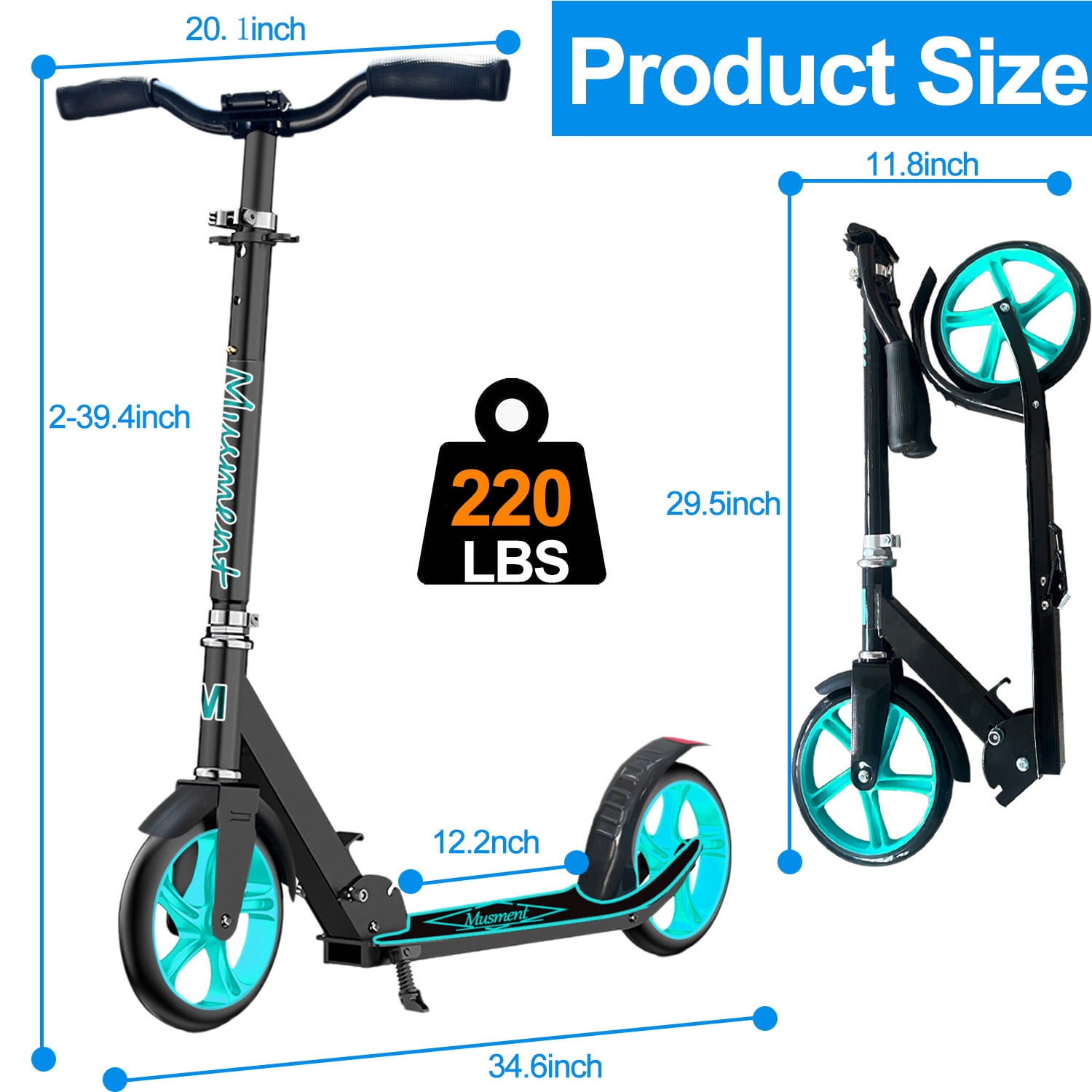 Foldable Scooter -200mm Big Wheels 4 Levels Height Adjustable for Kid, Teens  - Unisex, Black