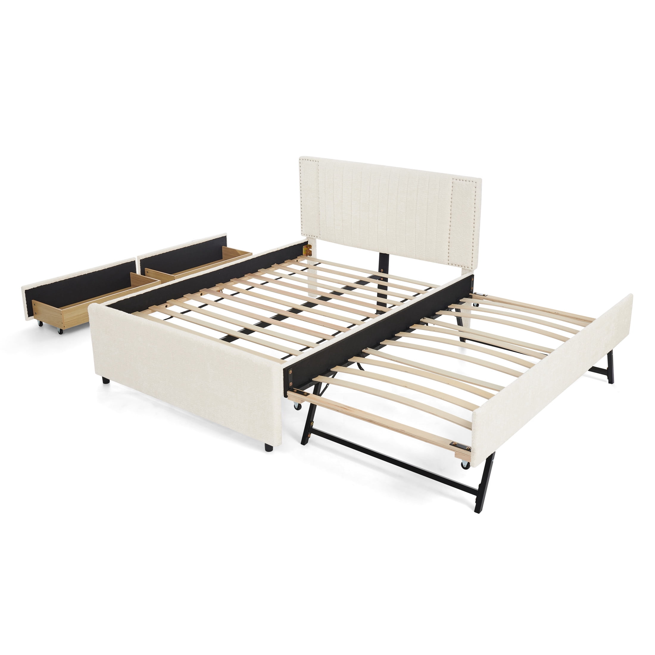 Noble House Luxen Full Chenille Upholstered Bed, Vertical Tufted Daybed with Pull-out Trundle and Storage Drawers, Beige