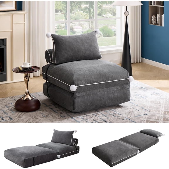 Folding Sofa Bed, Convertible Fold Out Couch Bed for Adults, Comfy Chenille Sleeper Chair with Back Support, No Wall Needed Floor Sofa Bed for Living Room Bedroom Apartment, Grey