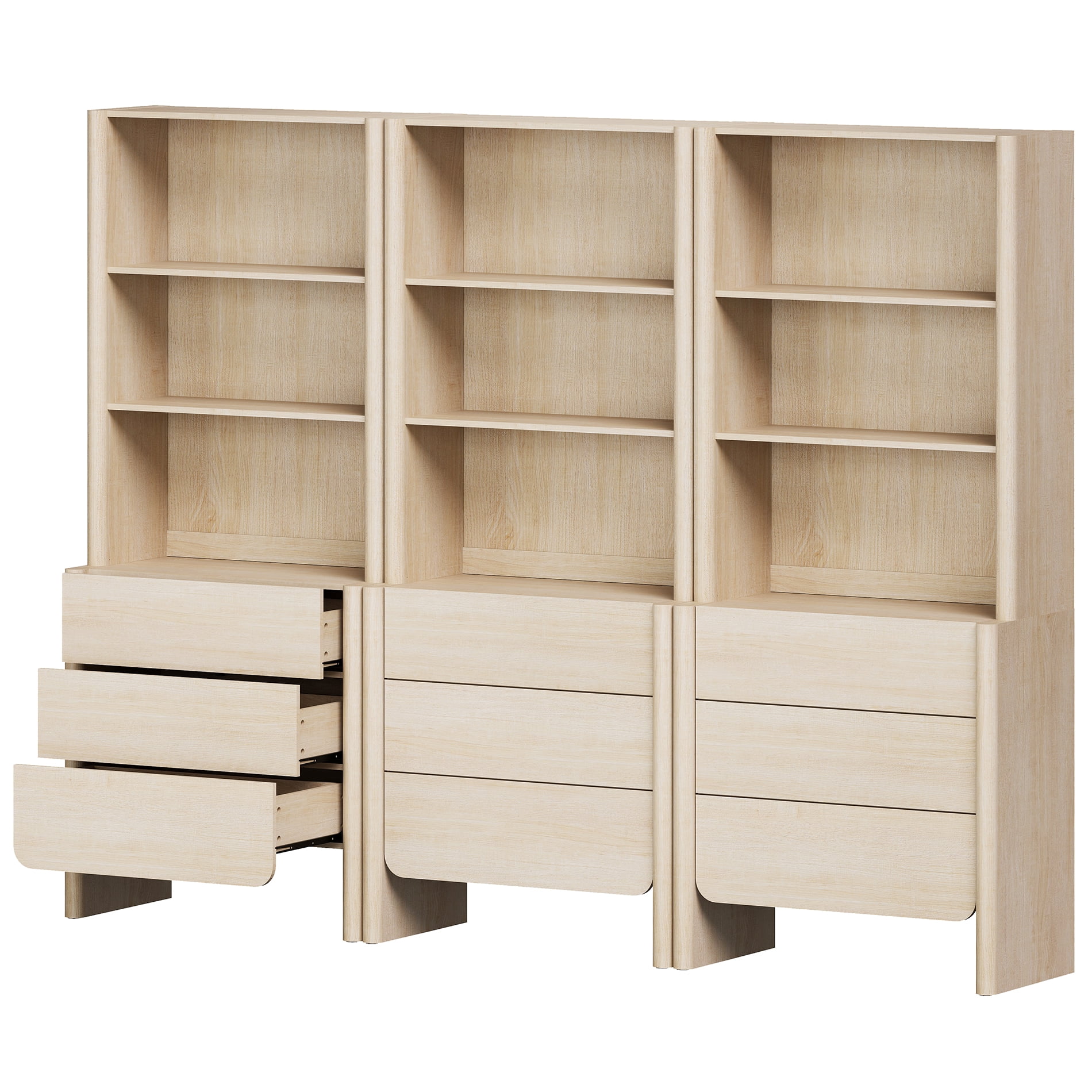 94.5-Inch Modern French Bookcase with Curved Edges, 9 Drawers and Open Shelving, 72.8" Tall, Beige