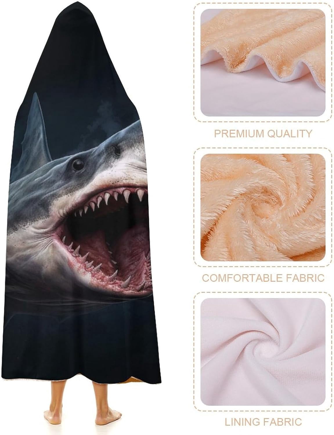 Shark Wearable Blanket Soft Cozy Plush Fleece Blanket Hoodie for Couch, Hooded Blanket Decorative for Shark Lovers