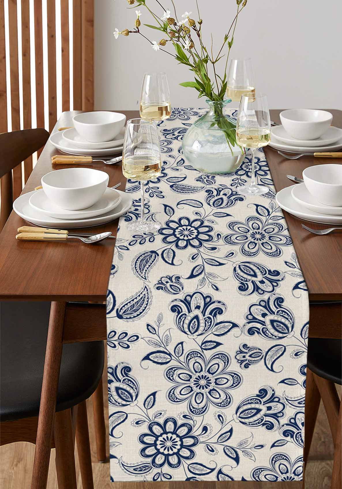 nqOlkjepod Navy Blue Flowers Table Runner 48 Inches Long Farmhouse Dress Scarves, Retro Ethnic Floral Pastoral Art Dining Tablerunner for Coffee Table/Kitchen Island/Party Décor, 13" x 48"