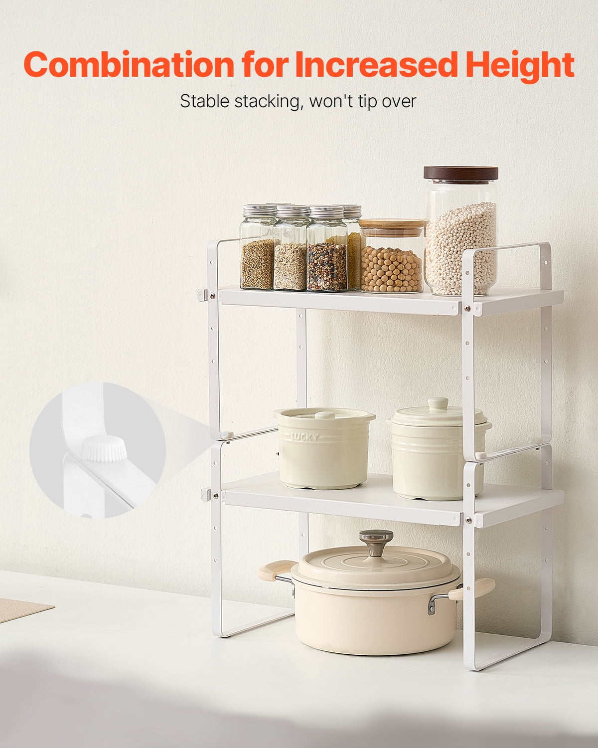 VEVOR Adjustable Kitchen Cabinet Shelf Organizer, Expandable 2 Tier Cabinet Shelf, Stackable Countertop Organizers and Storage Shelf Risers, Pantry Organizers for Kitchen Bathroom Office, White