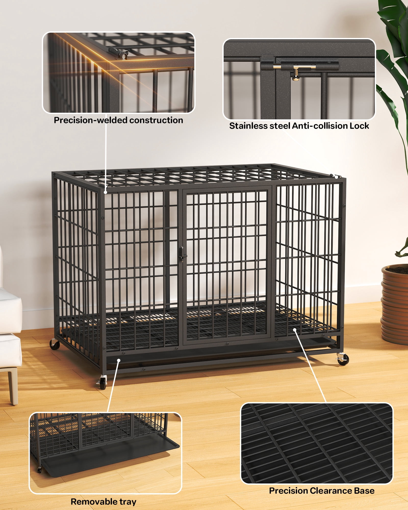 TIME RAY 38" Metal Wire Dog Crate for Large Dogs with Tray and Double Door, Dog Cage for Yard Indoor Outdoor Use,XL Dog Cage Kennel,Black