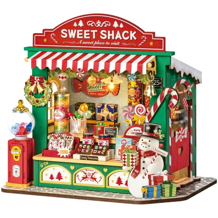 ROBOTIME Christmas Candy Stall Dollhouse Kit,DIY Miniature House Building Sets,3D Wooden Puzzles Tiny Home Craft Kits,Gifts for Kids Teens Adults