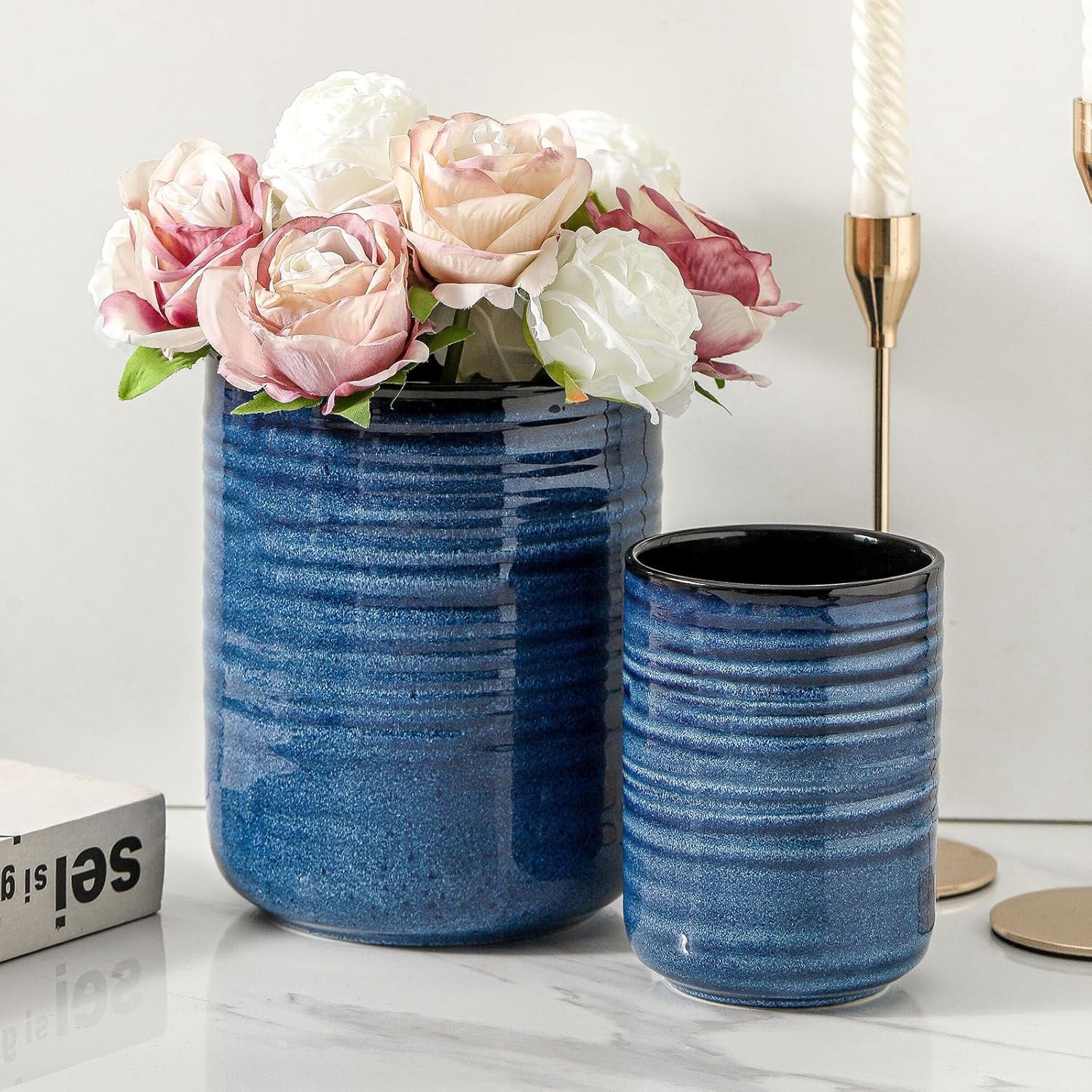 Hasense Ceramic Utensil Holder Blue Set of 2
