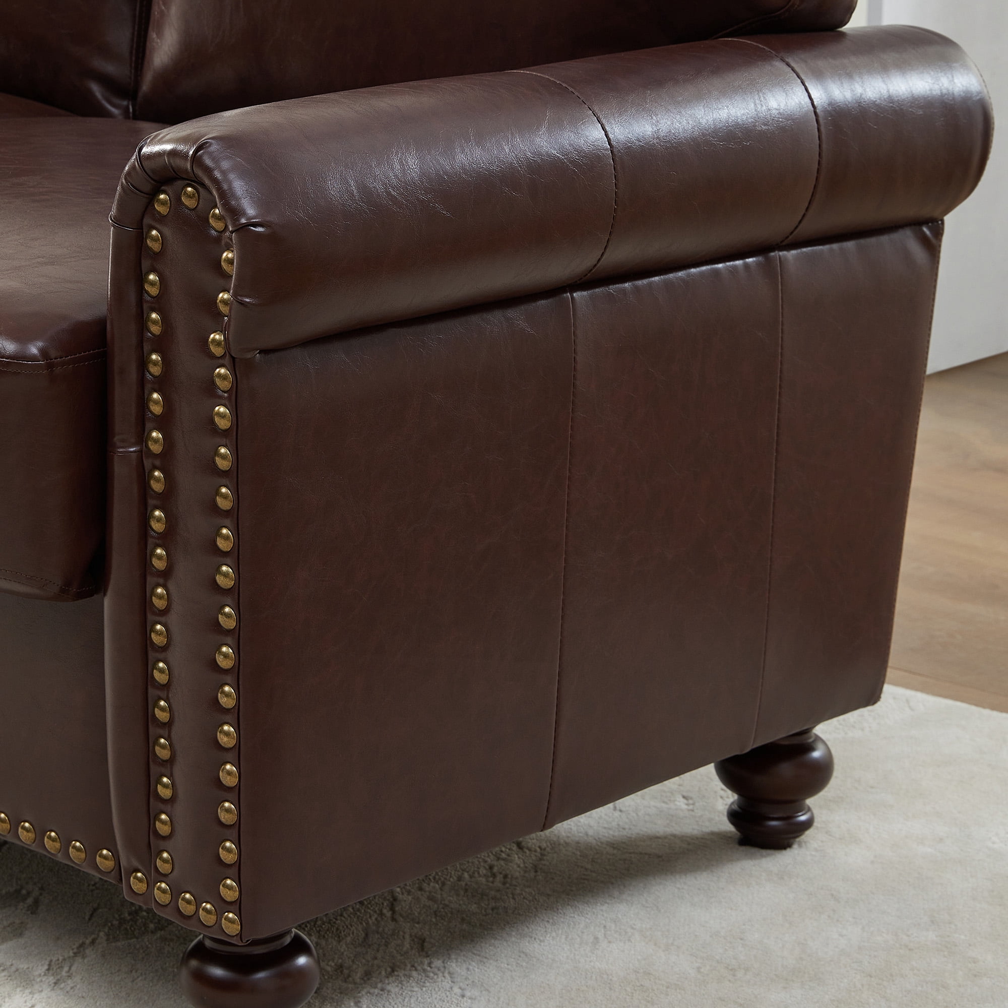 LeChapitre Faux Leather Sofa with Storage Seats, Classic 3-Seater Couch with Nailhead Trim (Dark Brown)